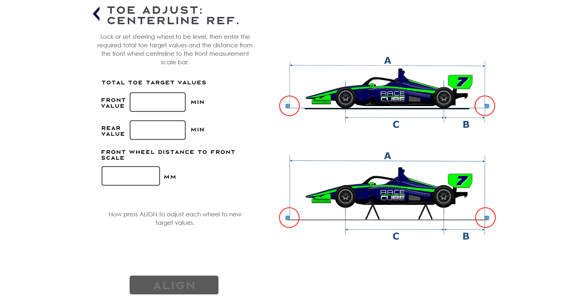 Toe adjust centreline wheel alignment - RACECUBE