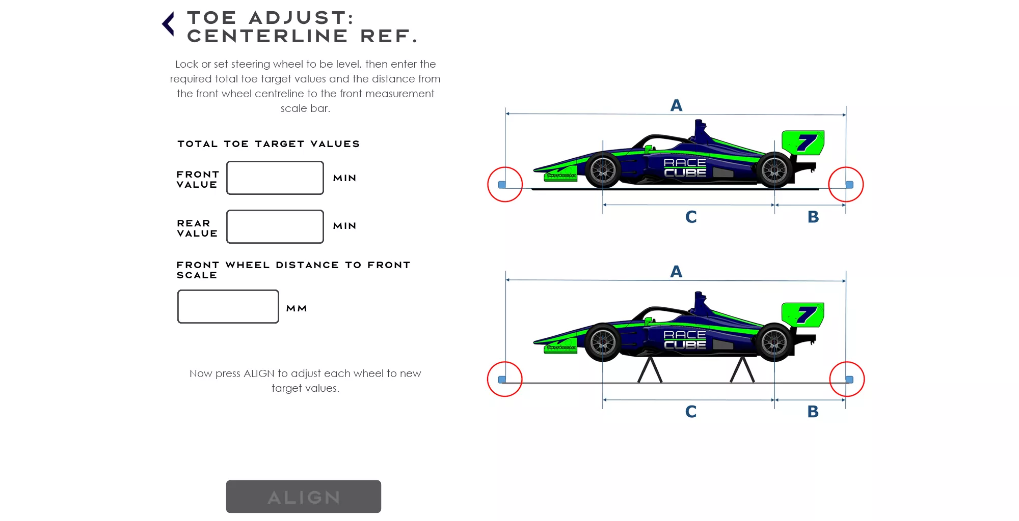 Toe adjust centreline wheel alignment - RACECUBE